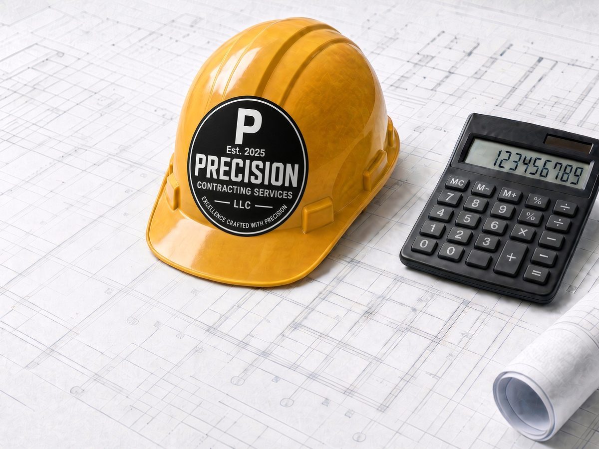 Precision Contracting Services hard hat and calculator on construction drawings
