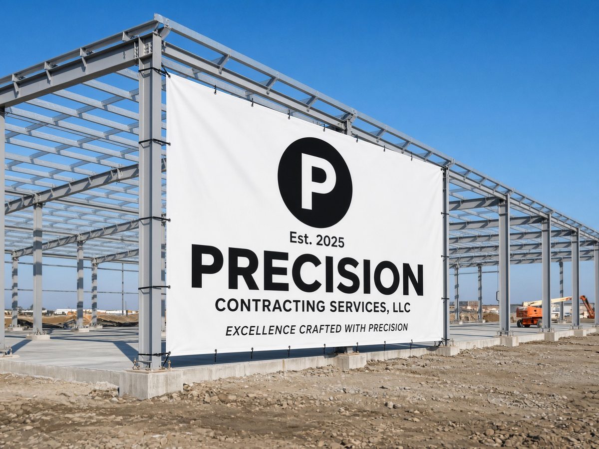 Precision Contracting Services banner on a pre-engineered steel building frame
